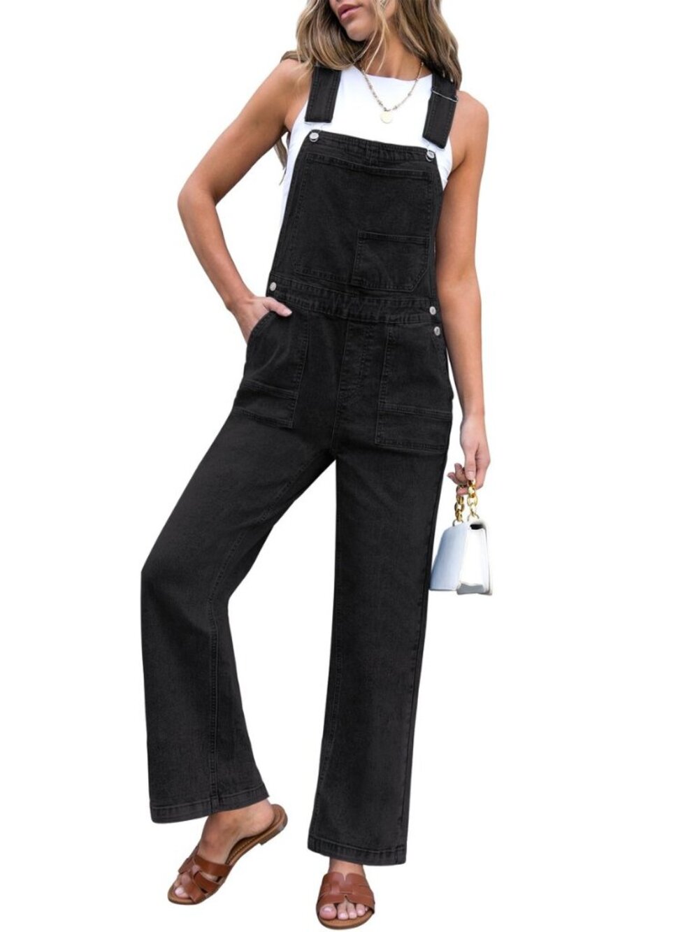 Jean Overalls for Women Straight Wide Leg Baggy Stretchy Denim Bib Adjustable